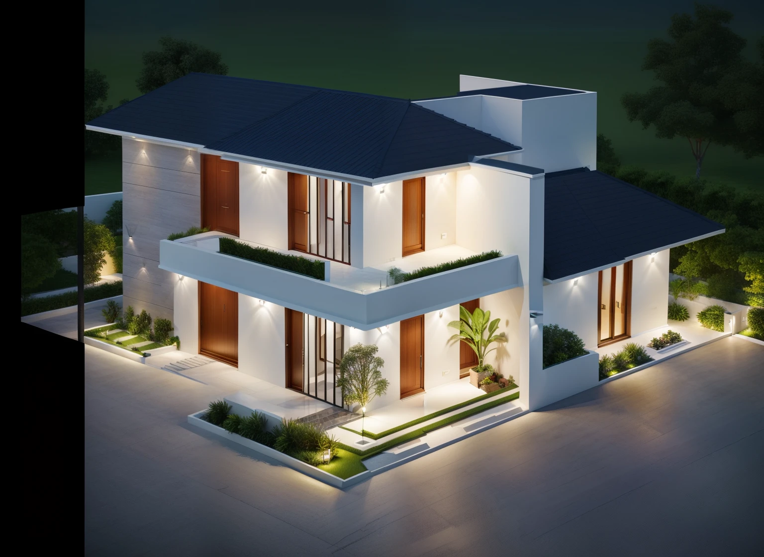 a drawing of a small house with slope roof, ((The layout of the house follows the sketch:1.4)), (brightenness:1.3), (morden:1.3)), (road:1.3), large space infront of, detail flower front perspective, frontview, perspective view, wide frontal view, front view, front-view, rendering, elevation view, front elevation view, all white render, sketch - up, frontal view, symmetrical front view, front facing view, front elevation, 3/4 front view, front side view,"A picture showcasing a captivating modern villa, featuring an expansive and well-ventilated yard adorned with vibrant flowers and flourishing trees."(RAW photo), highest quality, (masterpiece:1.2), High detail RAW color photo, extremely detailed CG unity 8k wallpaper, (photo realism:1.4), (highres), hyperdetailed, (photorealistic:1.2), (best quality:1.erfect anatomy, (exterior), model villa, super realistic , 32k
