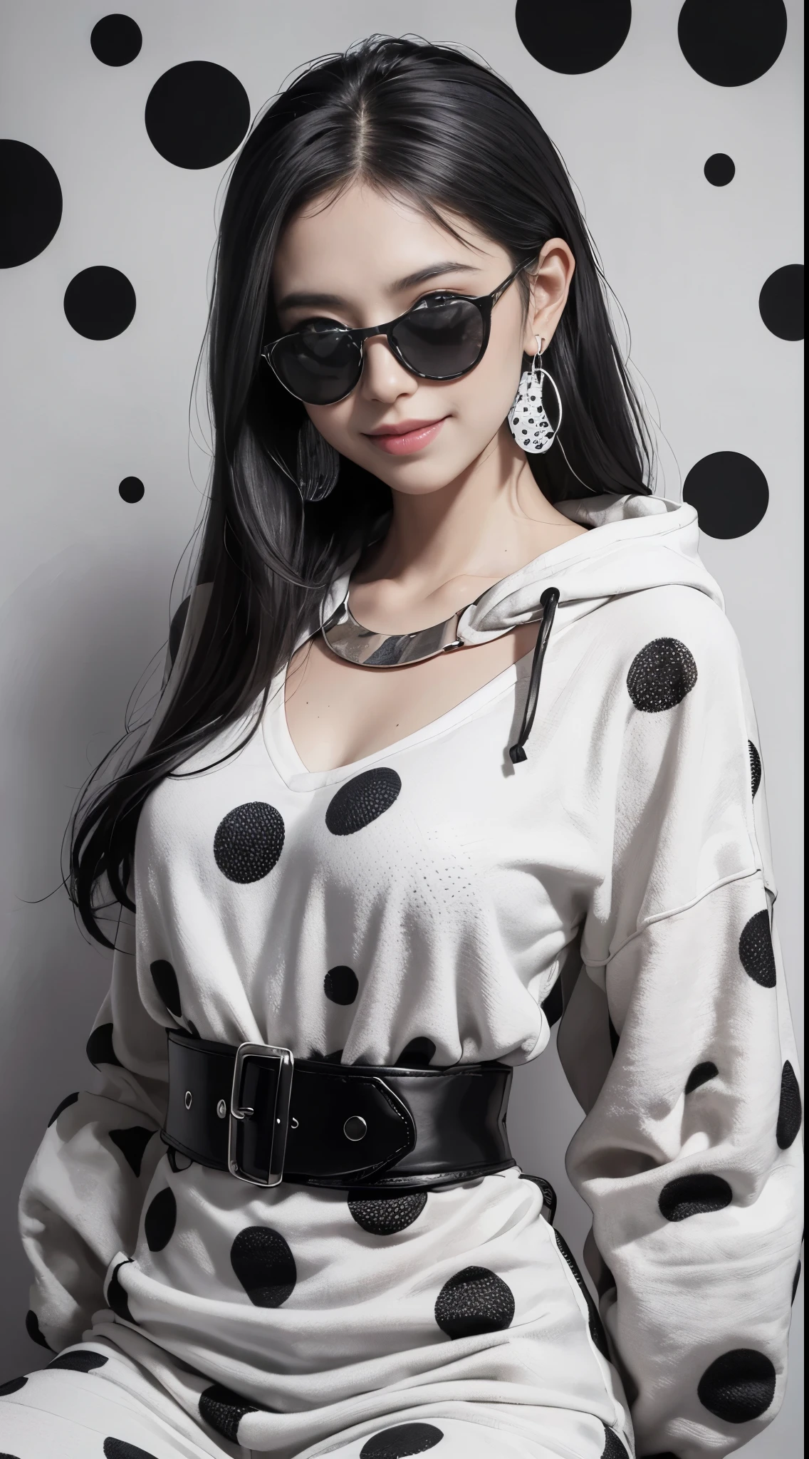 (Realistic:1.8), (Digital art:0.2), (Dot pattern art:1.7),(agpi official art, beautiful and aesthetic, ultra detailed, beautiful, masterpiece, best quality:1.6), (1girl:1.2), Detailed face, Detailed eyes, Detailed hair, young fingers, Detailed fingers, five fingers, BREAK cute ig model, Japanese cute model, 22 years old, Tightened all body, small head, small face, small mouth, diamond Face, small nose, Sharp Faceline, (dropy eyes, Double eyelid, Light color eyes, Glossy eyes, Shiny eyes:1.2), Shiny skin, shiny hair, (gray hair:1.2),
_
BREAK (happy, smile, Teeth, Glossy Lip:1.2),beautiful Teeth, (upper body:1.5), sitting, from front,
_
BREAK (BLACK and White theme:1.4), (background:1.4), (retro black and white polka dot pattern background:1.5),
(pose:1.3), (casual standing with hands in pockets:1.3), (camera focused on full body:1.2),
(view:1.2), (angled view to showcase baggy size and accessories:1.2),
BREAK
(black and white theme:1.3), (oversized polka dot-patterned hoodie:1.3), (loose-fitting for a comfortable look:1.2), (black oversized sunglasses:1.2), (chunky black bracelets:1.2),
BREAK
(baggy size:1.3), (relaxed fit, emphasizing comfort and style:1.2), (black hoop earrings:1.2), (wide black leather belt:1.2),