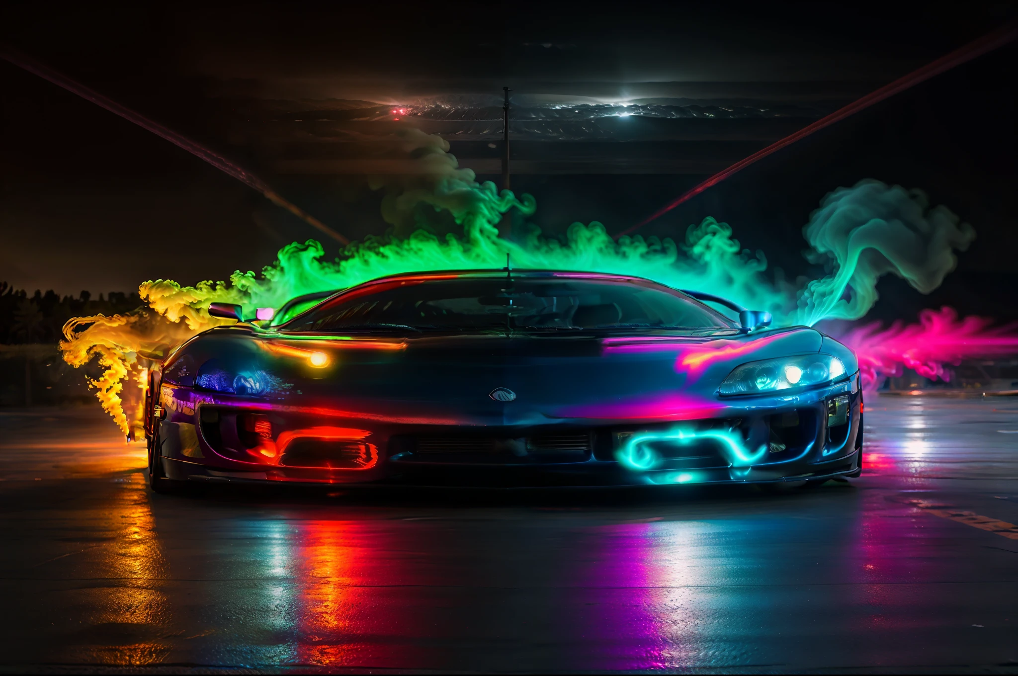 a colorful car with smoke coming out of it, colorful 8 k, hyper colorful, neon fog, hq 4k phone wallpaper, stunning colors, wallpaper 4k, wallpaper 4 k, hq 4k wallpaper, wallpaper mobile, car with holographic paint, incredible colors, hypersaturated, colorful glow, 8k stunning artwork, supercar, vibrant color scheme 8k, highly colorful