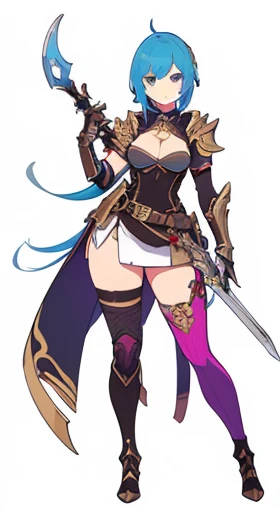 (((Best Quality))) , ((full body)), female, reference sheet, solo, (white background), holding staff or sword, gauntlets, thigh high, femloin, belt, colorful outfits, armored dress,