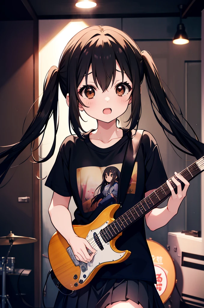 Azusa Nakano, nakano azusa, (Black hair:1.5), (Brown eyes:1.7), Long hair, twin tail chest:1.2), Black T-shirt,pleatedskirt, BREAK (masutepiece:1.2), Best Quality, High resolution, Unity 8k壁纸, (Illustration:0.8), (Beautiful detailed eyes:1.6), extra detailed face, Perfect Lighting, extremely details CG, (Perfect hands, Perfect Anatomy),Rock Band Concert, Musical instrument performance, Stage Performance, hot air,Happy atmosphere、guitar(mustang)is playing,Sweat on the forehead,汗で濡れたBlack T-shirt,singing with open mouth