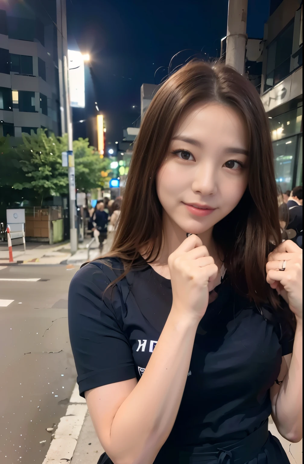(8k, RAW photo, best quality, mastery:1.3), (realistic, photo-realistic:1.37), (looking viewer:1.331), (white hair), posing, Tokyo street, nightcityscape, cyberpunk city, soft light, 1girl, extremely beautiful face , Perfect body proportions, (small face: 1.1), bust, casual hairstyle, smile, big eyes, (short sleeves JK_shirt), JK_style, (navy JK_skirt), (bow JK_tie), mix4, detailed eyes