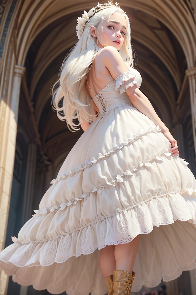 Emilia Clarke, pelo blanco, cabello largo y rizado. gargantilla. grandes senos. caderas gigantescas. arco. vestido de novia de flores. Botas hasta el muslo, pechos enormes