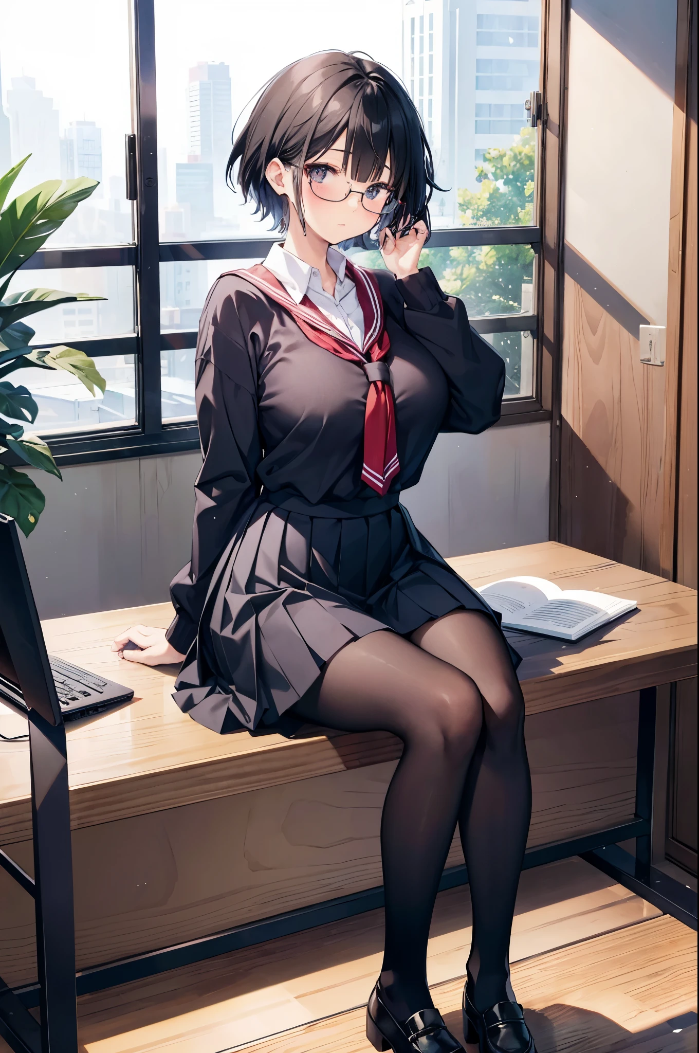 1 Japanese girl, glasses, blush, full body, sitting, angle from the side, (slim body:1.2), (huge breasts:1.1), (long and slender legs:1.1), short hair, black hair, school uniform, white long sleeve shirt, pleated skirt, (black tights:1.1),