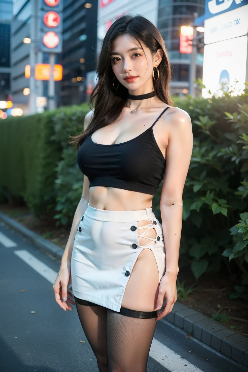 ((Best quality, 8k, Masterpiece :1.3)),
Japanese hot milf with curvy body, big thighs and some moles,
Ultra-detailed face, Detailed eyes, Double eyelid,
smiling, a coquettish look,
white hair, 
wearing a crop top, mini skirt, fishnet pantyhose,  high heels, choker and earrings,
in Tokyo, outdoor, midnight,
whole body, standing,