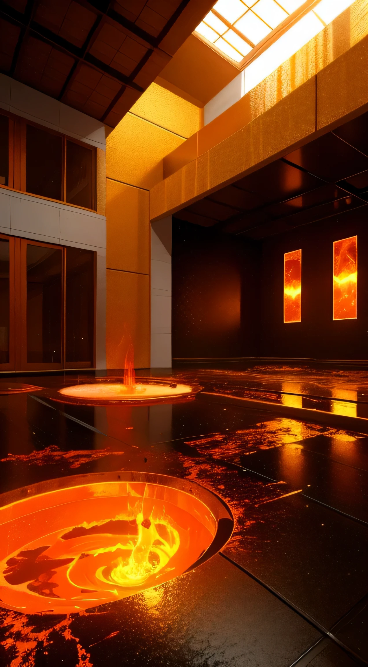 A giant golden room with a lava Forge in the middle , seeping lava and heat , Realistic , Atmospheric , Warm colors , reflective floor
