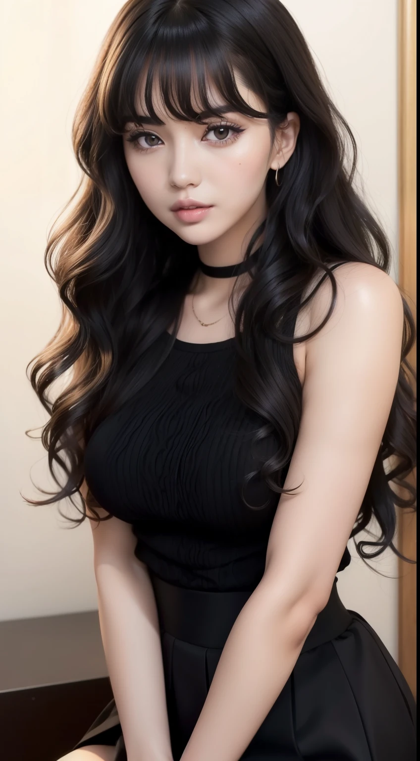 beautiful Women,  Women, masutepiece, Best Quality, ultra-detailliert, photographrealistic, shiny eyes, Detailed face, 鎖骨, Beautiful eyes, Green eyes, Detailed eyeshadow, Black hair, Lip gloss, Pink lip, makeup, Sexy, Breast, (Attractive:1.5), (Bangs:1.3), (Shiny skin:1.1), Sharp Focus, Puffy eyes, (Kpop Idol:1), (Wavy Hair:1.5), Full body, (Long hair:1), Wearing a black shirt, Sexy black skirt, white shoes beautiful:1.5)