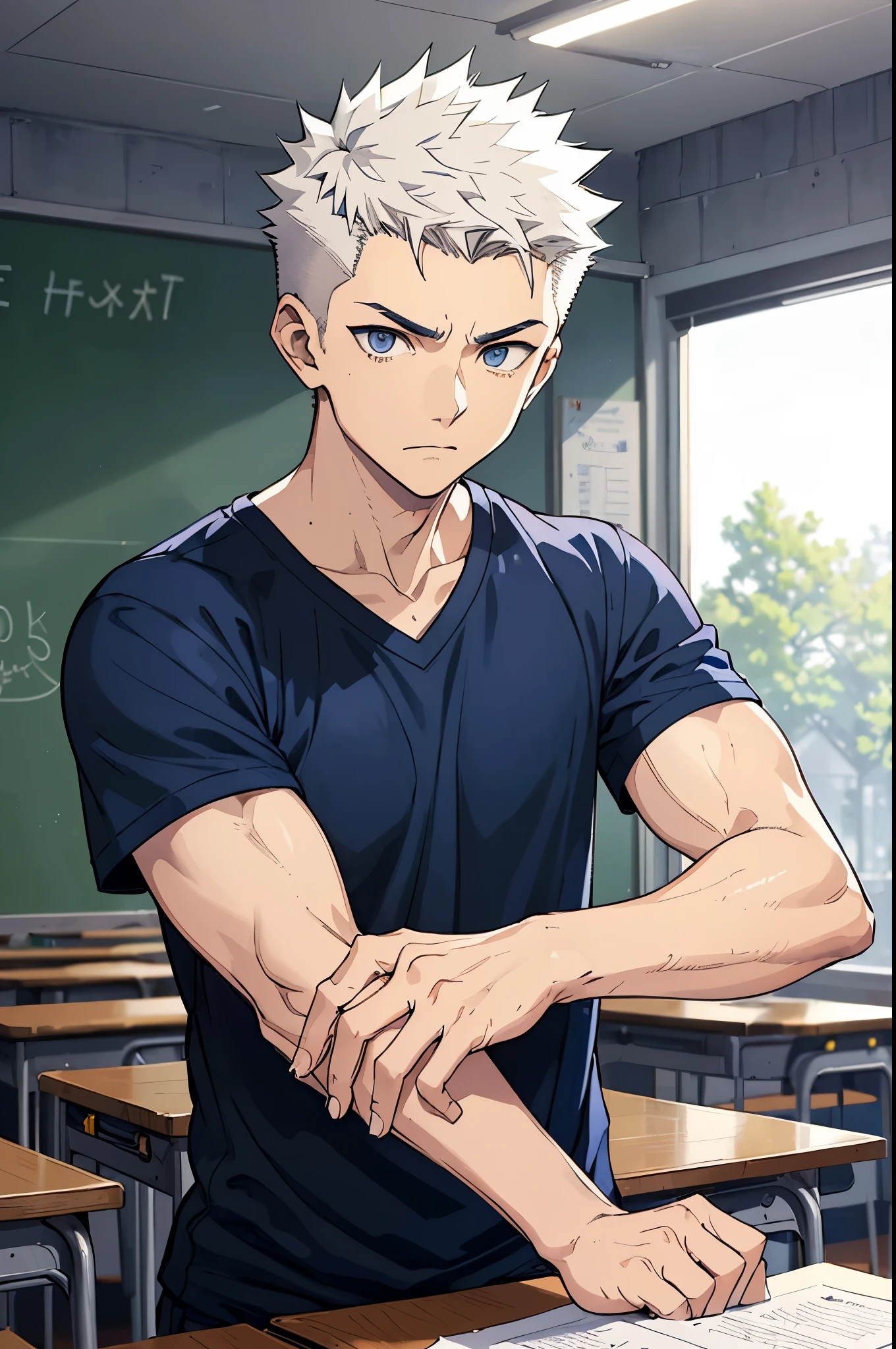 age MAN, boy, (masterpiece, best quality), KujouCSA, break, 1boy, (Teen), 15 yearschool student, alone, sports uniform, dark blue and white V-neck t-shirt, toned pecs, muscular arms, bull neck, amber eyes, apathetic eyes, short spiked hair, white hair, expressionless, caucasian skin, aesthetics, rest, look at viewer, upper body photo, Boku no Hero classroom, rest, classroom classroom classroom classroom short spiked hair short spiked hair short spiked hair short spiked hair short spiked hair short spiked hair short spiked hair short spiked hair short spiked hair short spiked hair short spiked hair short spiked hair
