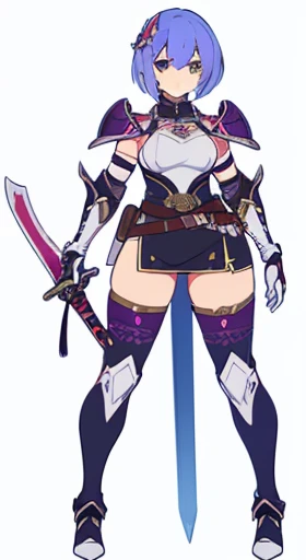 (((Best Quality))) , ((full body)), female, reference sheet, solo, (white background), holding staff or sword, gauntlets, thigh high, femloin, belt, blue, red, green, violet, pink, white, shoulder armor,
