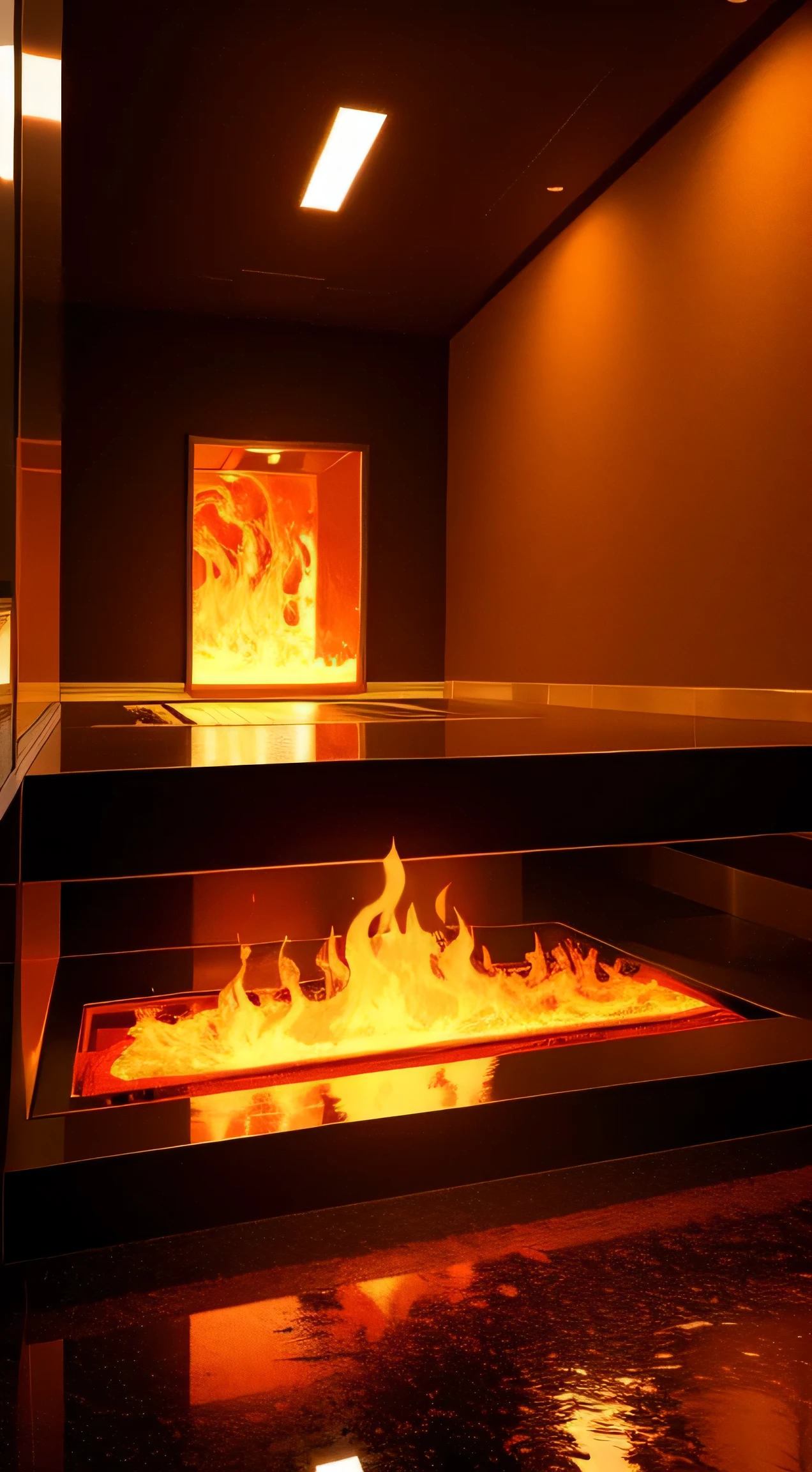 A giant golden room with a lava Forge in the middle , seeping lava and heat , Realistic , Atmospheric , Warm colors , reflective floor