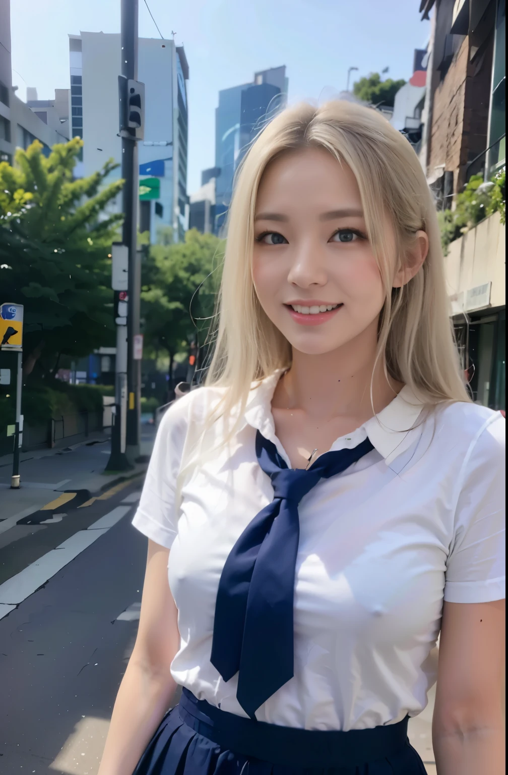 (8k, RAW photo, best quality, mastery:1.3), (realistic, photo-realistic:1.37), (looking viewer:1.331), (white hair), posing, Tokyo street, nightcityscape, cyberpunk city, soft light, 1girl, extremely beautiful face , Perfect body proportions, (small face: 1.1), bust, casual hairstyle, smile, big eyes, (short sleeves JK_shirt), JK_style, (navy JK_skirt), (bow JK_tie), mix4, detailed eyes