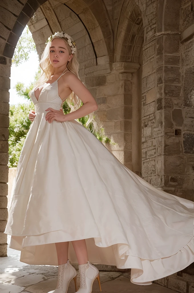 Emilia Clarke, pelo blanco, cabello largo y rizado. gargantilla. grandes senos. caderas gigantescas. arco. vestido de novia de flores. Botas hasta el muslo, pechos enormes