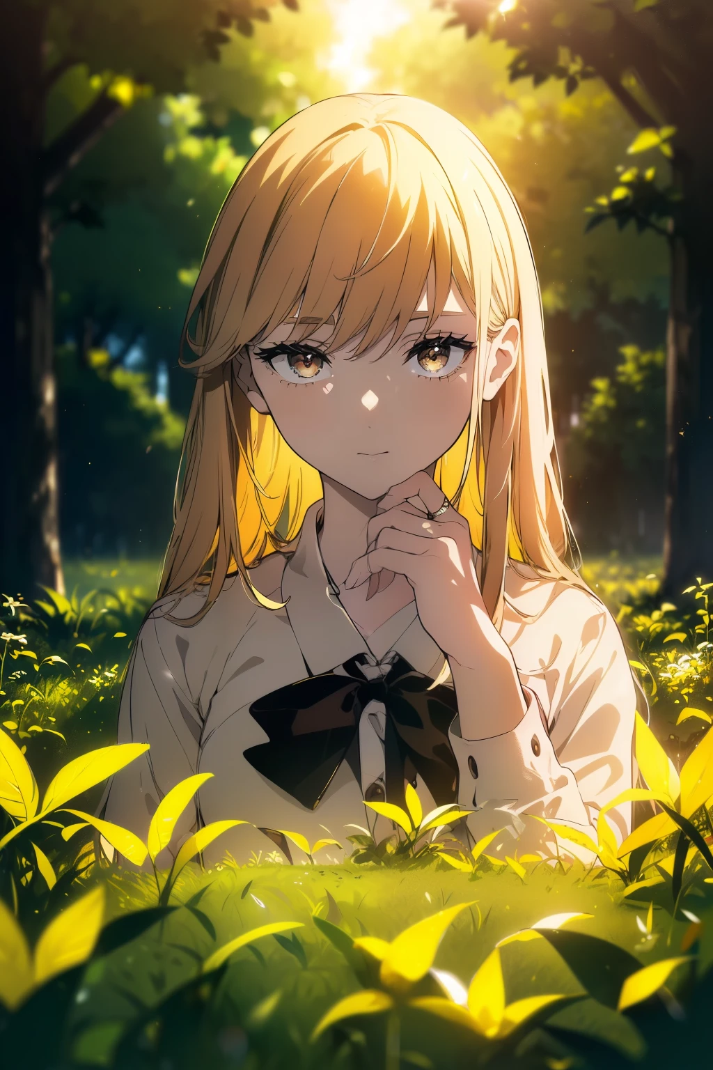 ((((Obra maestra, La mejor calidad, ultrahigh resolution)))), beautiful girl, standing in an open field, (((wearing school uniform))), (long ash blonde hair in view, in frame), pale skin, ((brown eyes)), (ultra detailed eyes:0.7, beautiful and detailed face, detailed eyes:0.9), ((centered)), smile, ((wide shot)), facing viewer, (((vibrant background of outdoors, field of swaying grass, bright lighting, summer, sunlight))), flat chested, looking at viewer, ((perfect hands)), ((head:1, hips, elbows, arms, in view)), ((hands behind back)), beautiful lighting, defined subject, (18 years old), ((cool looking)), ((sunny glare))