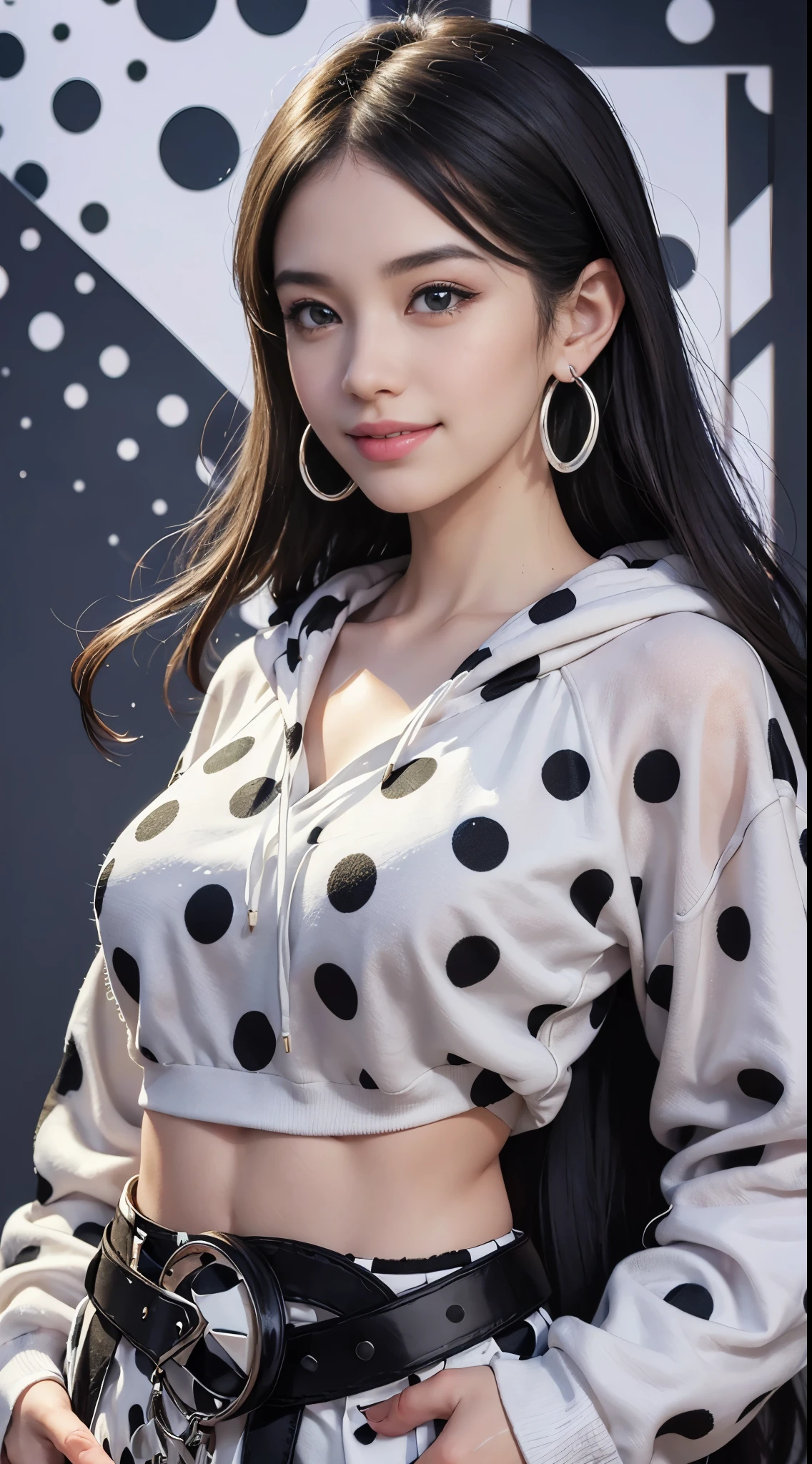 (Realistic:1.8), (Digital art:0.2), (Dot pattern art:1.7),(agpi official art, beautiful and aesthetic, ultra detailed, beautiful, masterpiece, best quality:1.6), (1girl:1.2), Detailed face, Detailed eyes, Detailed hair, young fingers, Detailed fingers, five fingers, BREAK cute ig model, Japanese cute model, 22 years old, Tightened all body, small head, small face, small mouth, diamond Face, small nose, Sharp Faceline, (dropy eyes, Double eyelid, Light color eyes, Glossy eyes, Shiny eyes:1.2), Shiny skin, shiny hair, (gray hair:1.2),
_
BREAK (happy, smile, Teeth, Glossy Lip:1.2),beautiful Teeth, (upper body:1.5), sitting, from front,
_
BREAK (BLACK and White theme:1.4), (background:1.4), (retro black and white polka dot pattern background:1.5),
(pose:1.3), (casual standing with hands in pockets:1.3), (camera focused on full body:1.2),
(view:1.2), (angled view to showcase baggy size and accessories:1.2),
BREAK
(black and white theme:1.3), (oversized polka dot-patterned hoodie:1.3), (loose-fitting for a comfortable look:1.2), (black oversized sunglasses:1.2), (chunky black bracelets:1.2),
BREAK
(baggy size:1.3), (relaxed fit, emphasizing comfort and style:1.2), (black hoop earrings:1.2), (wide black leather belt:1.2),