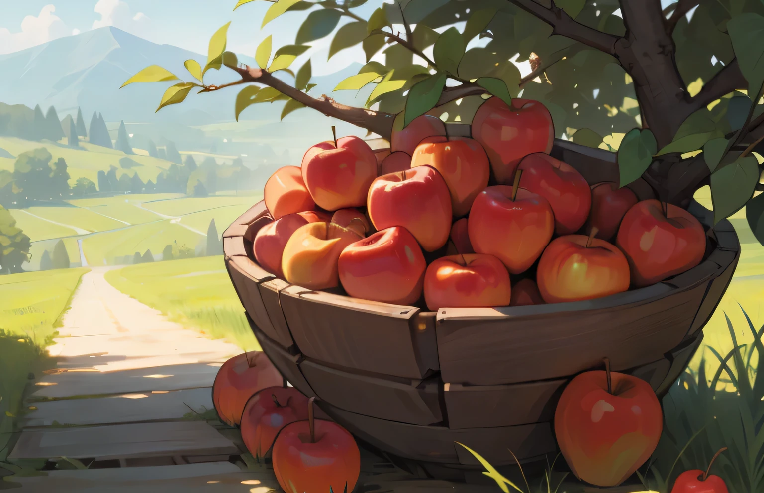rural apple orchard,fruitful apple tree, red apple, Mountain streams, Farmers picking apples in the orchard,