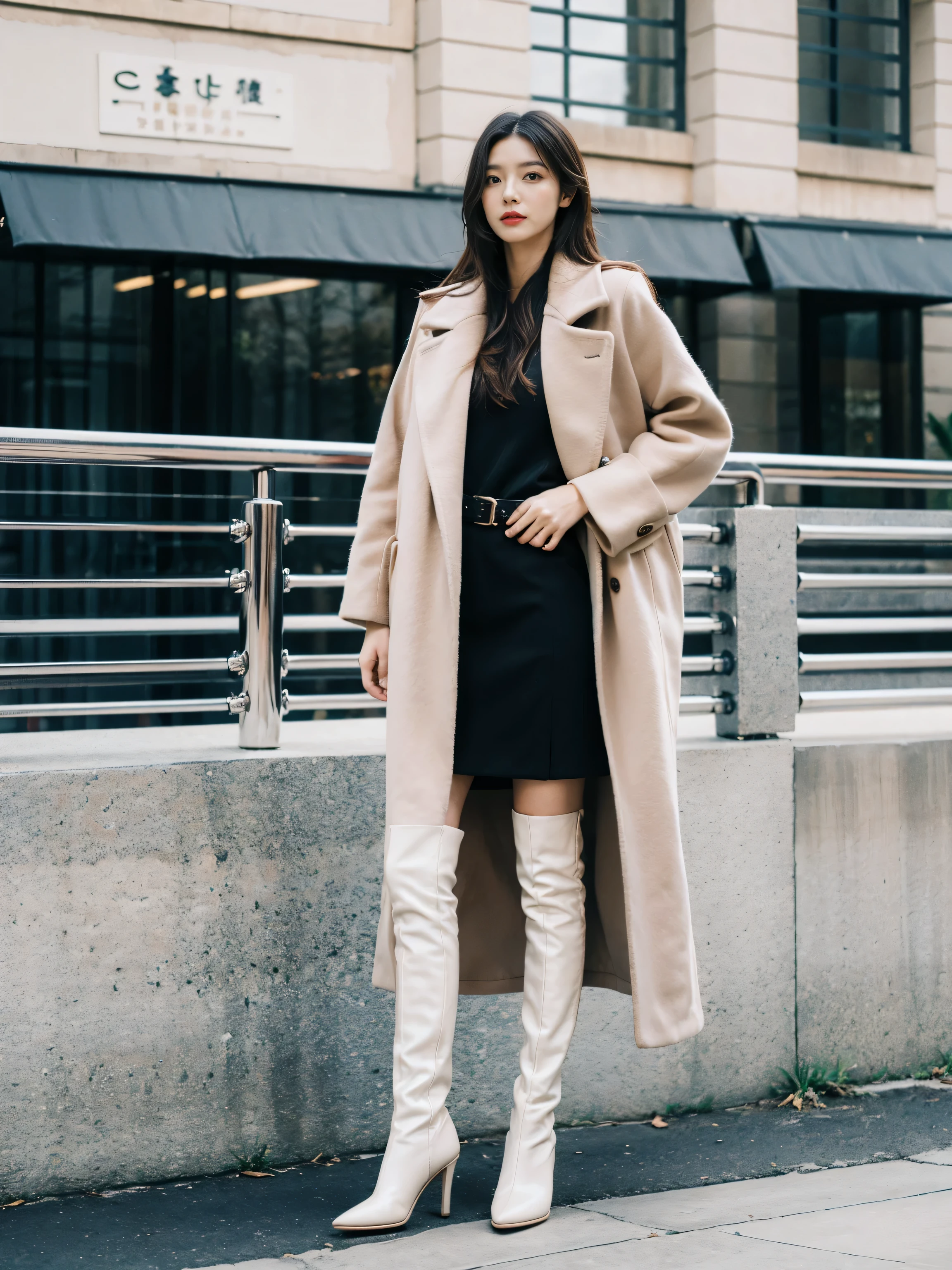 Best quality at best,tmasterpiece,超高分辨率,(actual:1.4),RAW photogr,hyper HD，8K，There is one girl，Stylish clothes,Chanel style，Stylish skinny suit, Long coat，high-class fashion，ellegance, tigh-high boots，Over-the-knee boots，Casual pose，legs long