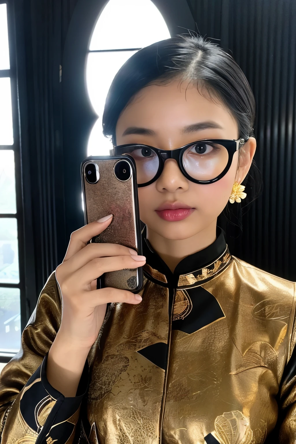 ((Perfectly insane textured)), ((Perfect proportional object arcithecture)), ((Perfect photo)), ((Super ekstremely detiled)), ((best quality)), ((masterpiece)), (detailed), (perfect face), (perfect phone), (hyper relistic), young 15 years old indonesian wearing kebaya costume ((batik forms with eksentrik of motive shape wtih half transparent)) from javanese traditional costume, with minus lens spectacle, in the darken room taking a selfie in front of a mirror with "iphone 15 pro" with blitz light phone, a picture by Lü Ji, instagram contest winner, aestheticism, aesthetic, feminime, clean with dusty and water spore in the mirror