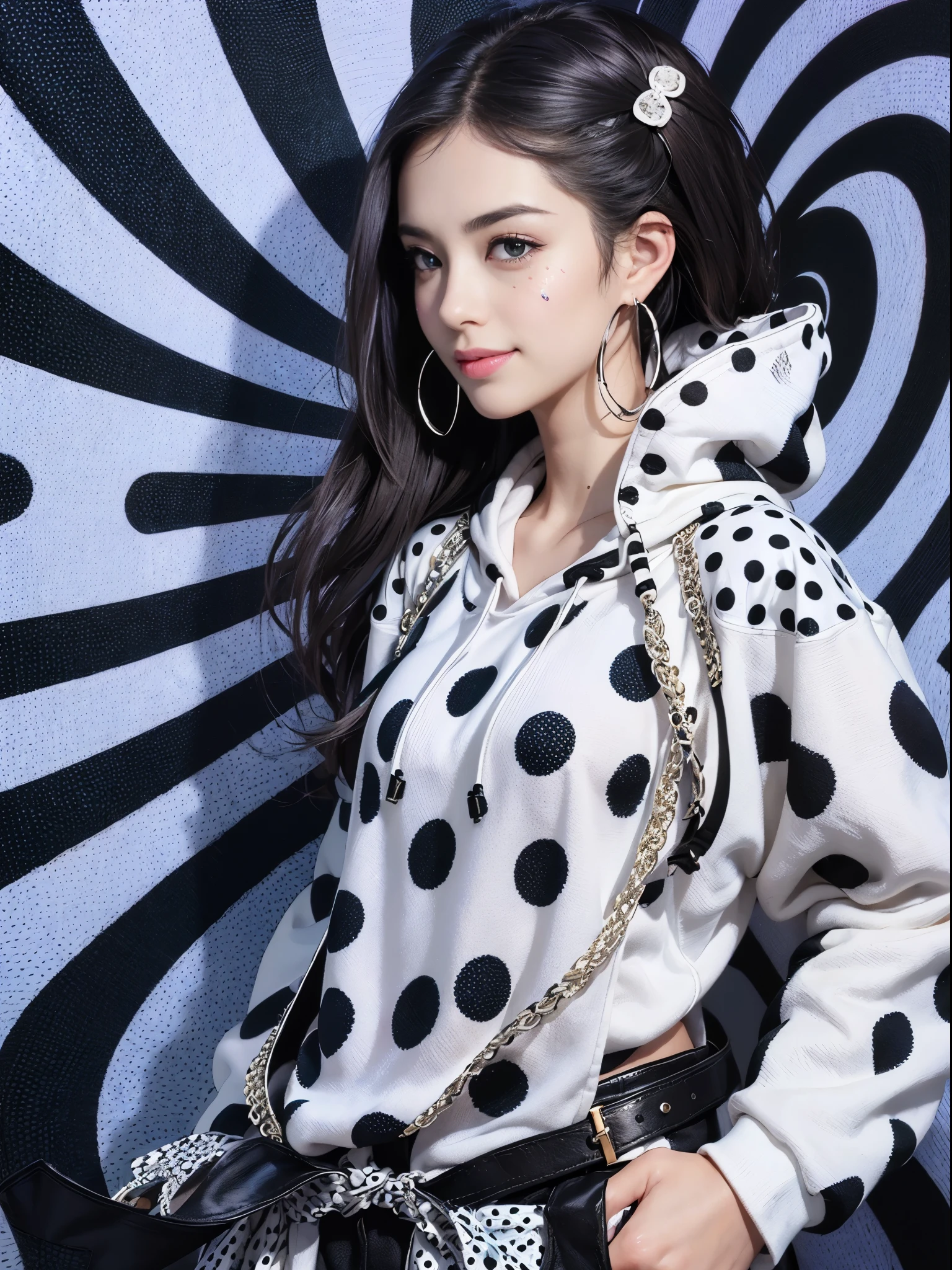 (Realistic:1.8), (Digital art:0.2), (Dot pattern art:1.7),(agpi official art, beautiful and aesthetic, ultra detailed, beautiful, masterpiece, best quality:1.6), (1girl:1.2), Detailed face, Detailed eyes, Detailed hair, young fingers, Detailed fingers, five fingers, BREAK cute ig model, Japanese cute model, 22 years old, Tightened all body, small head, small face, small mouth, diamond Face, small nose, Sharp Faceline, (dropy eyes, Double eyelid, Light color eyes, Glossy eyes, Shiny eyes:1.2), Shiny skin, shiny hair, (gray hair:1.2),
_
BREAK (happy, smile, Teeth, Glossy Lip:1.2),beautiful Teeth, (upper body:1.5), sitting, from front,
_
BREAK (BLACK and White theme:1.4), (background:1.4), (retro black and white polka dot pattern background:1.5),
(pose:1.3), (casual standing with hands in pockets:1.3), (camera focused on full body:1.2),
(view:1.2), (angled view to showcase baggy size and accessories:1.2),
BREAK
(black and white theme:1.3), (oversized polka dot-patterned hoodie:1.3), (loose-fitting for a comfortable look:1.2), (black oversized sunglasses:1.2), (chunky black bracelets:1.2),
BREAK
(baggy size:1.3), (relaxed fit, emphasizing comfort and style:1.2), (black hoop earrings:1.2), (wide black leather belt:1.2),