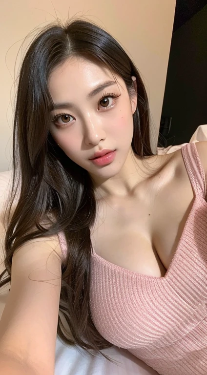 (Best Quality, 8K, 32K, masutepiece, nffsw:1.Hotou of glamorous Japanese women, 1girl in, ((Huge breasts :1)), (Abs, Slender figure, Perfect body :1.2), long: 1.1, (pale pink erotic dress: 1.1), (Indoor, Night :1.2), laying down on the bed,Lying down、 Pose Seductive、Invite men、Ultra-detailed face, Detailed lips, Detailed eyes, 二重まぶた