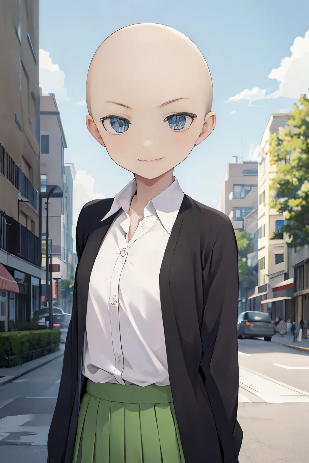 Masterpiece, hd, 2d, ninonakano, nino nakano, short hair, bangs, blue eyes, bald head, bald, (bald:1.0), smile, hair ornaments, two side up, butterfly hair ornament, skirt, shirt, long sleeves, white shirt, pleated skirt, open clothes, collared shirt, sleeves past wrists, dress shirt, cardigan, green skirt, open cardigan, black cardigan, standing, outdoor, sunlight, streets, looking at viewer, upper body