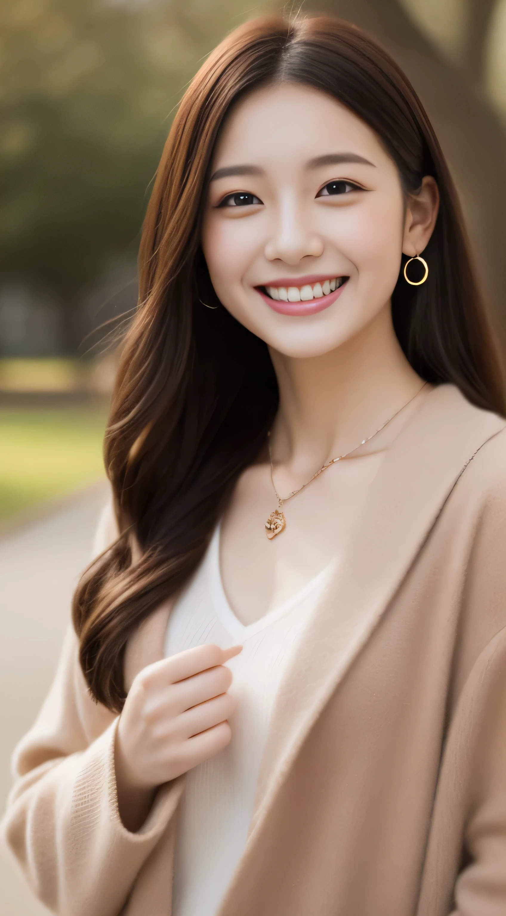 The face of the hostess、Winter Outfit、hiquality、A hyper-realistic、healthy、Smiling expression、Slender perfect figure、Japan beauties、 a necklace、perfect eyes beautiful skin、The upper part of the body、a park
