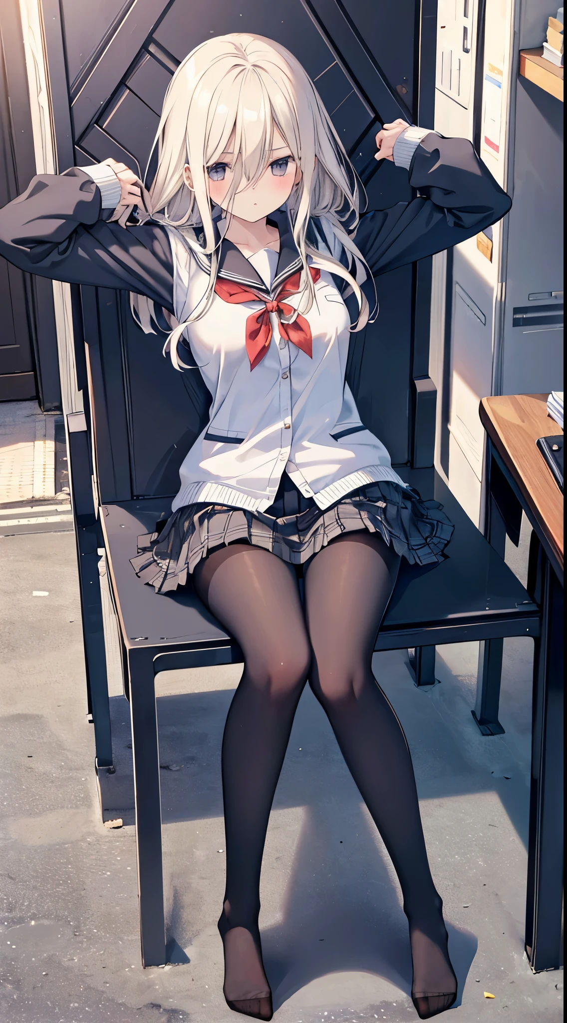 Finest, masterpiece, high definition, (full body), frontal, symmetrical, mature high school girl, solo, (full body from head to toe), small breasts, long hair, slightly messy hair, (black tights), ( (black pantyhose), black pantyhose, (composition where she is made to sit and lift her legs and make her legs open), (bound arms, arms behind back), composition showing white panties, slender beautiful legs, a very beautiful 17-year-old girl (not wearing shoes) legs), blushing, shy big eyes, messy hair, looking at camera, showing white panties, white frilly lingerie, high school uniform blazer, high school uniform White blouse, high school uniform with blue ribbon, high school uniform with short plaid pattern and navy pleated skirt