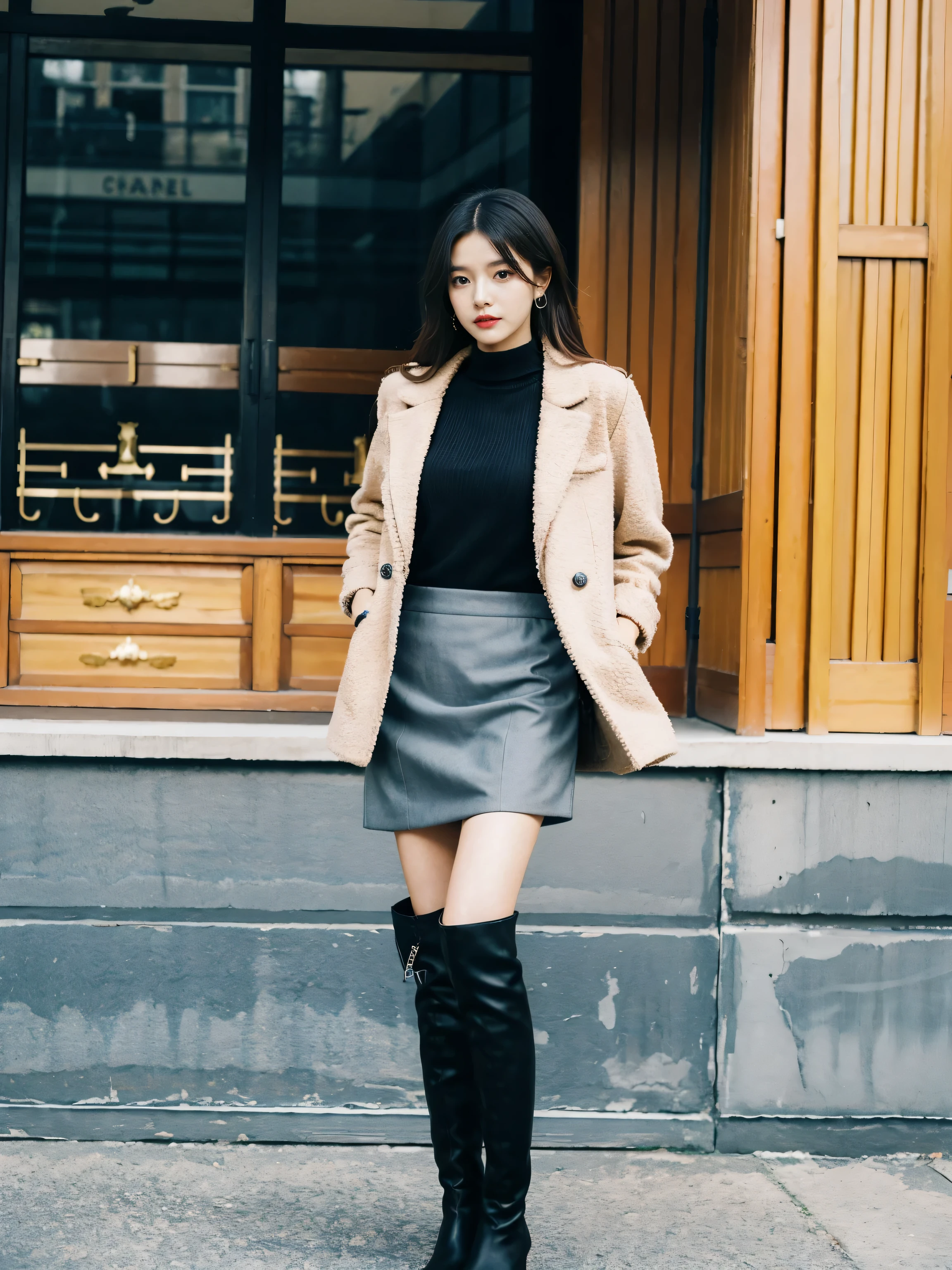 Best quality,tmasterpiece,超高分辨率,(actual:1.4),RAW photos,hyper HD，8K，There is one girl，Stylish clothes,Chanel style，Stylish skinny suit, wearing jacket and skirt,high-class fashion，ellegance, short skirt and a long jacket, tigh-high boots，Over-the-knee boots，Casual pose，legs long