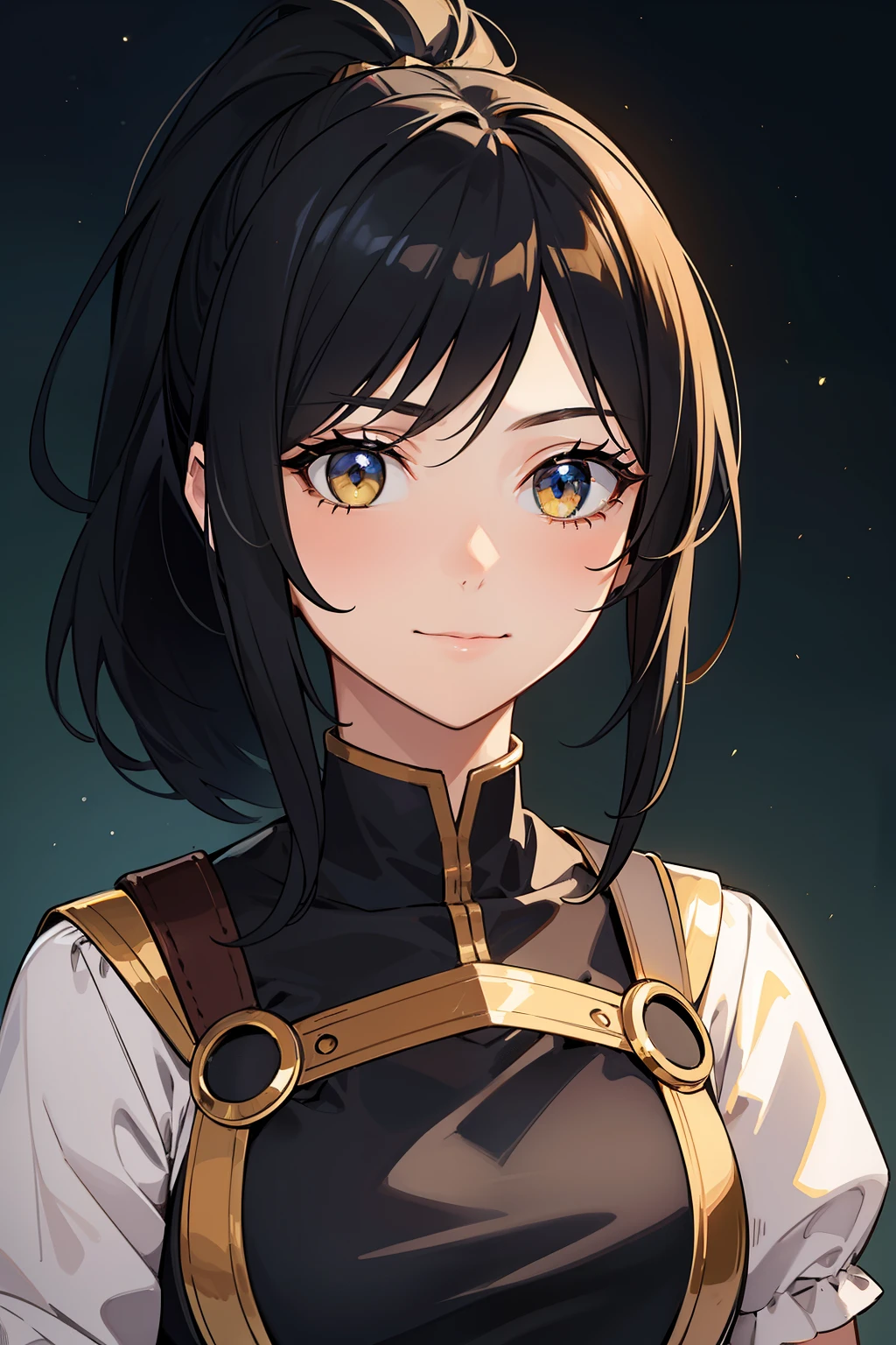 (high-quality, breathtaking),(expressive eyes, perfect face) portrait, 1girl, female, solo, adult woman, age late 20's, black hair, yellow golden eye color, short hair length, soft wavy hair, gentle smile, side bangs, looking at viewer, portrait, happy expression, fantasy clothing, blacksmith, blacksmith clothing, blacksmith profession, elegant, mature, height 5"6, tied back hair, blue lighting in hair, stylized hair, ponytail