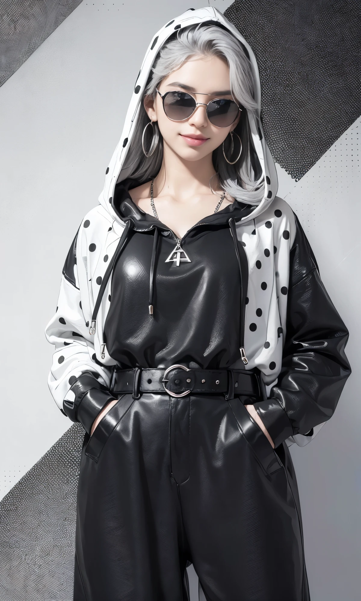 (Realistic:1.8), (Digital art:0.2), (Geometric art:1.7),(agpi official art, beautiful and aesthetic, ultra detailed, beautiful, masterpiece, best quality:1.6), (1girl:1.2), Detailed face, Detailed eyes, Detailed hair, young fingers, Detailed fingers, five fingerREAK cute ig model, Japanese cute model, 22 years old, Tightened all body, small head, small face, small mouth, diamond Face, small nose, Sharp Faceline, (dropy eyes, Double eyelid, Light color eyes, Glossy eyes, Shiny eyes:1.2), Shiny skin, shiny hair, (gray hair:1.2),
_
BREAK (happy, smile, Teeth, Glossy Lip:1.2),beautiful Teeth, (upper body:1.5), sitting, from front,
_
BREAK (BLACK and White theme:1.4), (background:1.4), (retro black and white polka dot pattern background:1.5),
(pose:1.3), (casual standing with hands in pockets:1.3), (camera focused on full body:1.2),
(view:1.2), (angled view to showcase baggy size and accessories:1.2),
BREAK
(black and white theme:1.3), (oversized polka dot-patterned hoodie:1.3), (loose-fitting for a comfortable look:1.2), (black oversized sunglasses:1.2), (chunky black bracelets:1.2),
BREAK
(baggy size:1.3), (relaxed fit, emphasizing comfort and style:1.2), (black hoop earrings:1.2), (wide black leather belt:1.2),