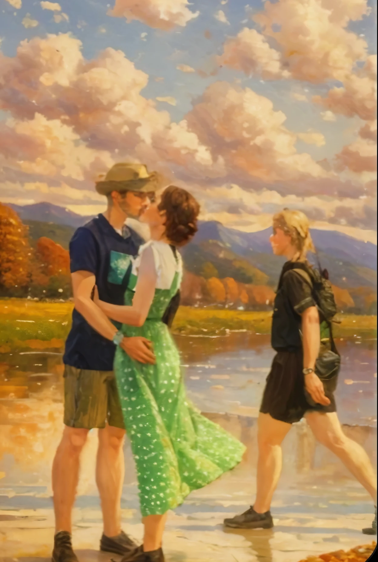 Painting of a couple walking on the beach with a woman in a green dress ...