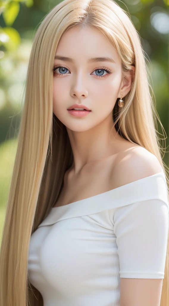 1girl in, age19, Solo, Super long straight hair, Colossal tits, bright expression、Looking at Viewer, ((Glossy bright silky blonde hair))、Very beautiful eyes and disheveled bangs between the nose and eyes、de pele branca、Beautiful skin、glowy skin、Gloss Face、Teak Gloss、Small face beauty、Bare shoulders, jewely, Full body, (Very detailed 8k wallpaper), Soft lighting, High quality, Film grain, Fujifilm XT3 sharp focus, F 5.6, high detailing, Sharp Focus,(Natural light), (gros-plan:1.2), (Seductive), off shoulder t-shirt, Realistic, A sexy、She has beautiful big bright pale blue eyes、eye liner、Young Face、with round face、