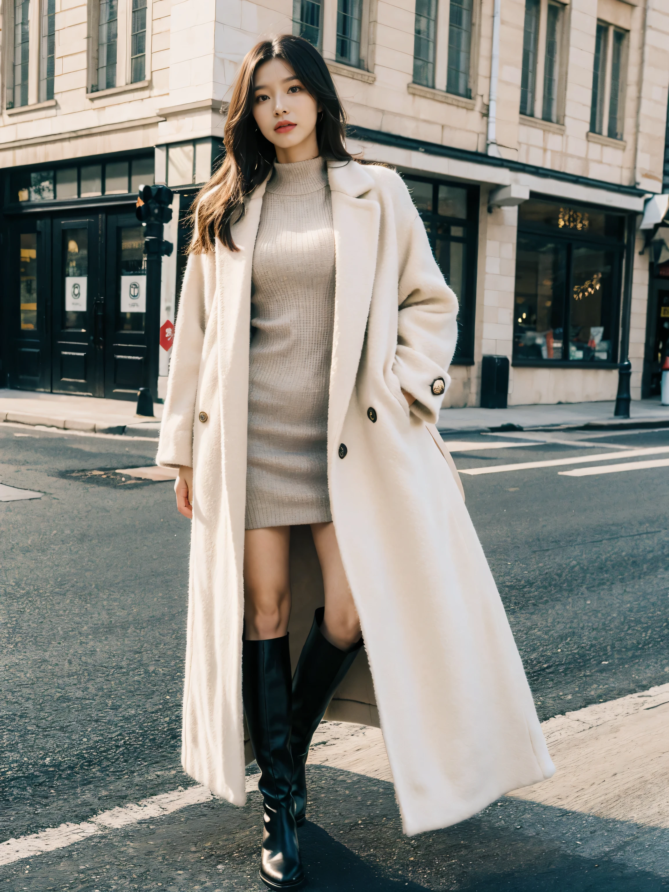Best quality,tmasterpiece,超高分辨率,(actual:1.4),RAW photos,hyper HD,8K,There is one girl,Stylish clothes,Chanel style,Stylish skinny suit, Long coat,high-class fashion,ellegance, tigh-high boots,Over-the-knee boots,Casual pose,legs long