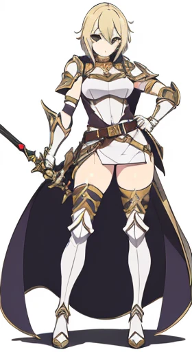 (((Best Quality))) , ((full body)), female, reference sheet, solo, (white background), holding staff or sword, gauntlets, thigh high, loin cloth only, cape, armored dress,