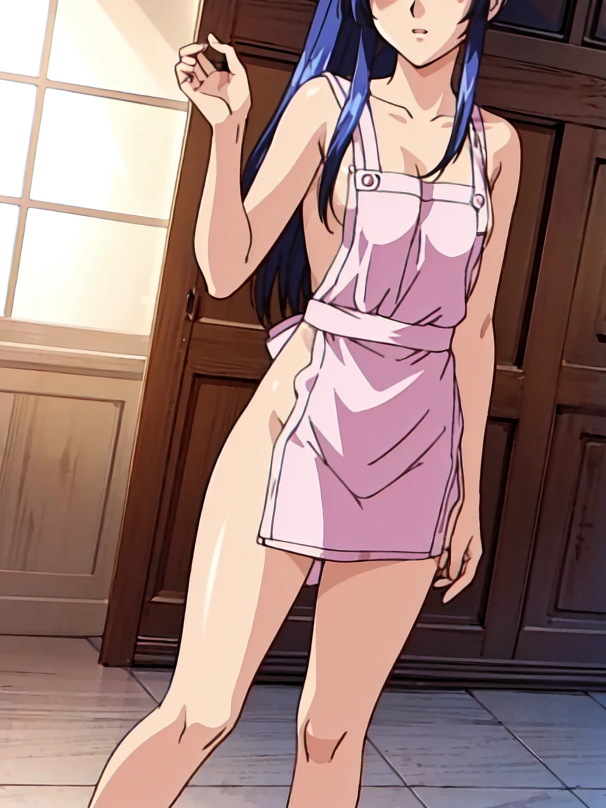 (Best Quality,hight resolution,masutepiece:1.2),Ultra-detailed,(Realistic,Photorealsiticです,Photorealsitic:1.37),Game CG,1girl in, girl, Blue hair, (half up:1.1), (small tits:1.3), (Naked apron、Apron pink), Eyes and faces with detailed, I'm blushing, cool expression, Soft lighting, Full-body angle, cuisine、Thighs
