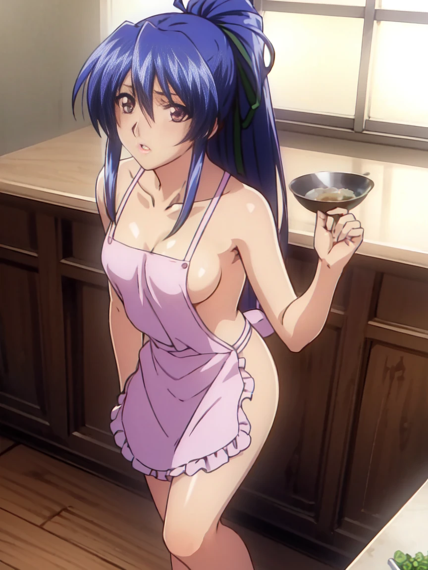 (Best Quality,hight resolution,masutepiece:1.2),Ultra-detailed,(Realistic,Photorealsiticです,Photorealsitic:1.37),Game CG,1girl in, girl, Blue hair, (half up:1.1), (small tits:1.3), (Naked apron、Apron pink), Eyes and faces with detailed, I'm blushing, cool expression, Soft lighting, Full-body angle, cuisine、Thighs
