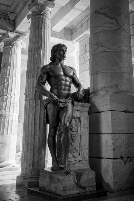 8k,ultra hd, black and white theme, Stoic muscular statue in thought in temple of ancient greece