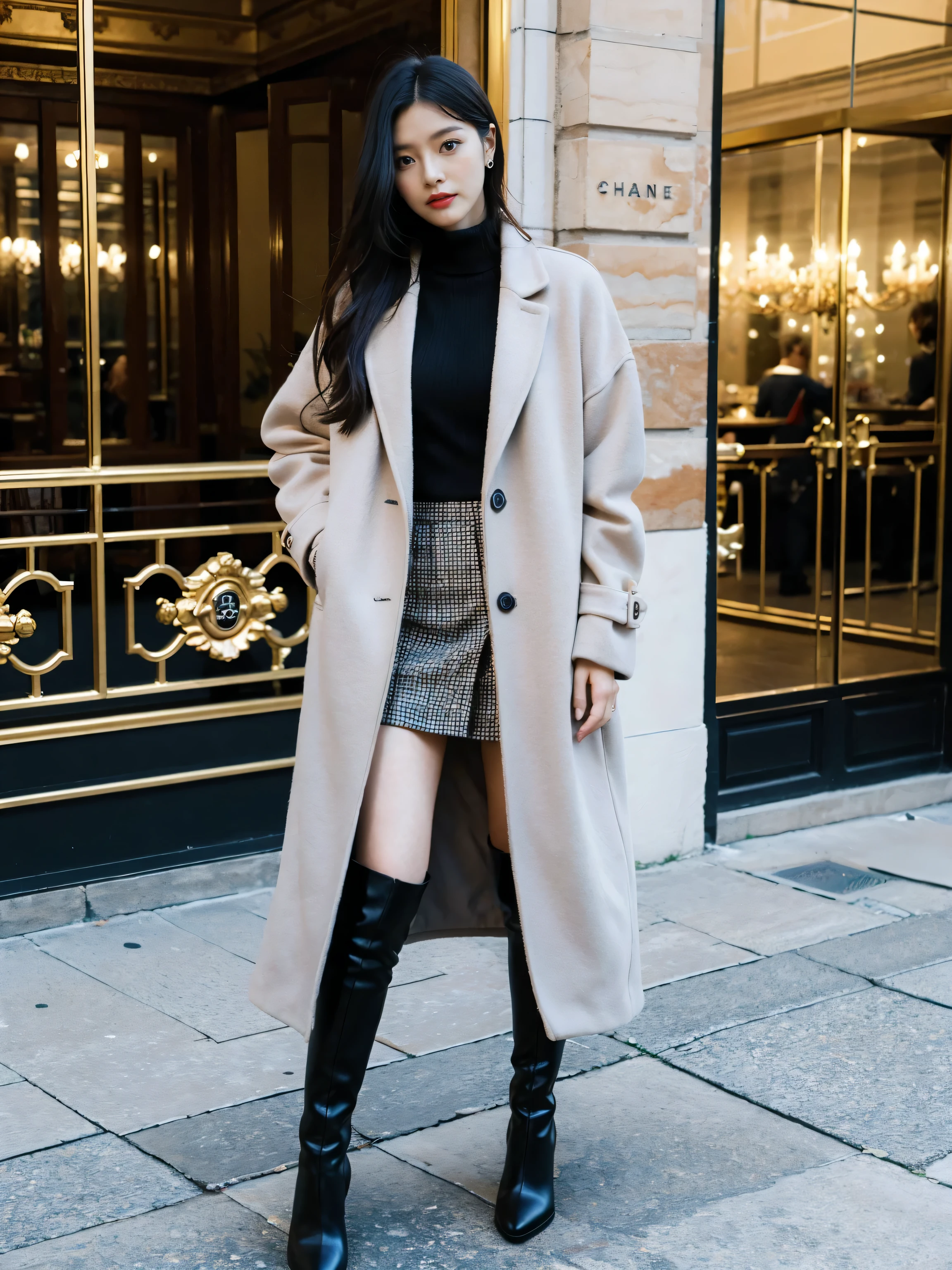 Best quality,tmasterpiece,超高分辨率,(actual:1.4),RAW photos,hyper HD,8K,There is one girl,Stylish clothes,Chanel style,Stylish skinny suit, Long coat,high-class fashion,ellegance, tigh-high boots,Over-the-knee boots,Casual pose,legs long