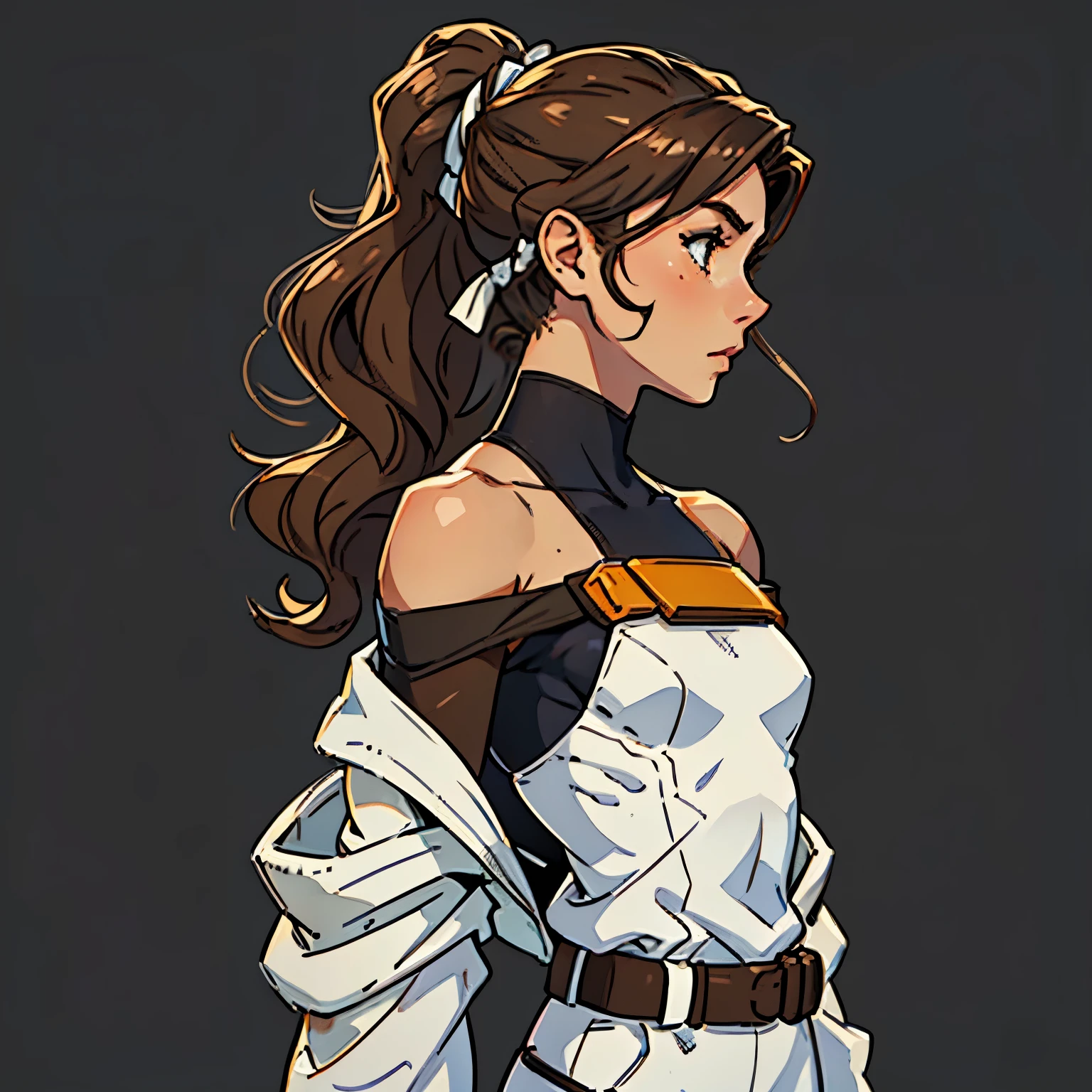 (Caucasian teenager), 18 years old, hazel eyes, (wavy brown hair), (hair tied back), small breasts. She wears a white, off-the-shoulder sci-fi suit, bare shoulders, solo, profile view, (simple background)