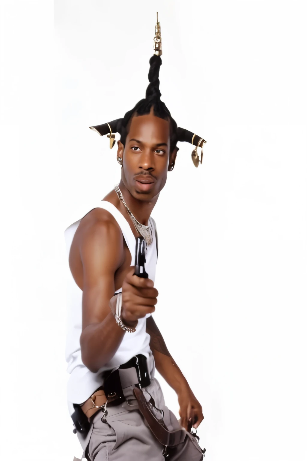 there's a man with a gun and a chain on his head, TRAVIS SCOTT, Snoop Dogg as a barbarian, head shoot, testa extremamente longa, olhos loucos, 9 0 s hip - moda hop, cobras para cabelo, 2001, 2 0 0 1, Penteado Himba, Goat horns on the head, 1999, 1 9 9 9