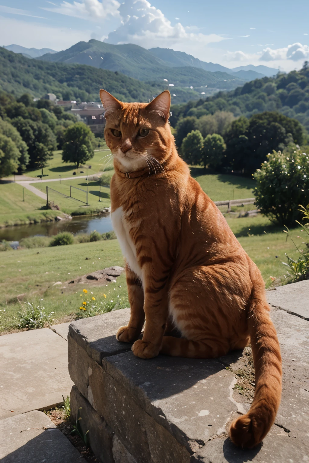 An orange cat with a landscape behind