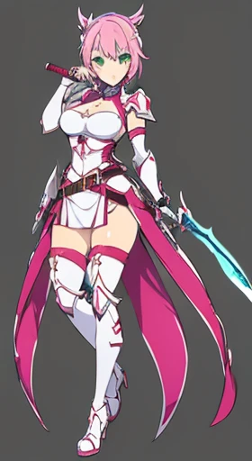 (((Best Quality))) , ((full body)), female, reference sheet, solo, (white background), holding staff or sword, gauntlets, thigh high, femloin, belt, blue, red, green, violet, pink, white, armored dress,