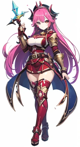 (((Best Quality))) , ((full body)), female, reference sheet, solo, (white background), holding staff or sword, gauntlets, thigh high, femloin, belt, blue, red, green, violet, pink, white,