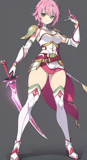 (((Best Quality))) , ((full body)), female, reference sheet, solo, (white background), holding staff or sword, gauntlets, thigh high, femloin, belt, blue, red, green, violet, pink, white, shoulder armor,