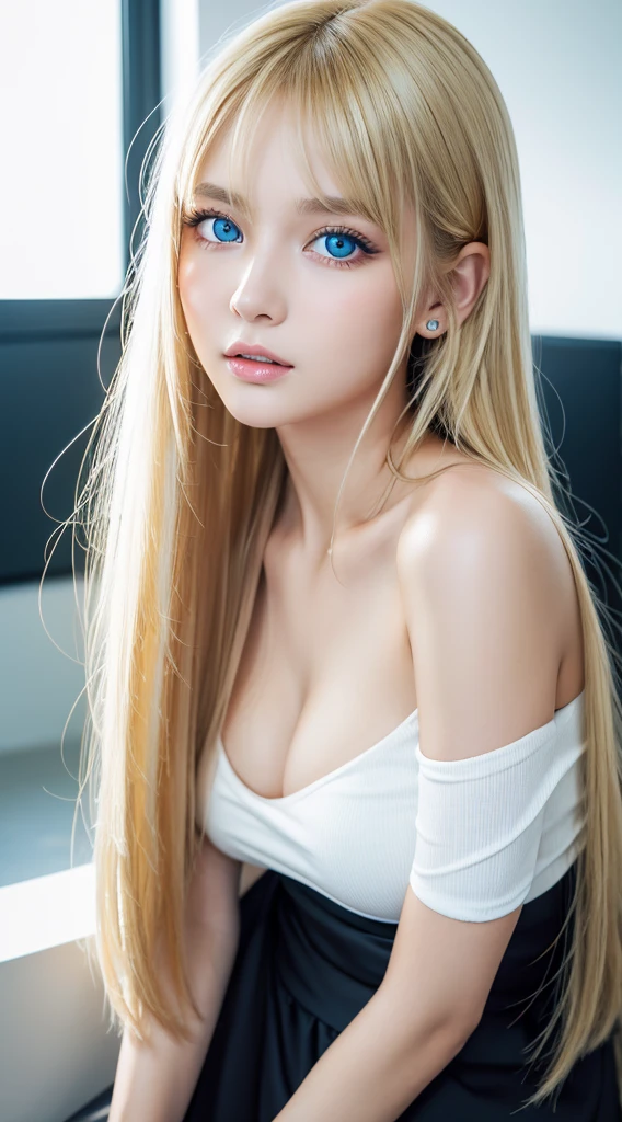 1girl in, age19, Solo, Super Long Straight Blonde Hair, Colossal tits, bright expression、Looking at Viewer, ((Glossy bright silky blonde hair))、Very beautiful light blue eyes and messy bangs between the nose and eyes、de pele branca、Beautiful skin、glowy skin、Gloss Face、Teak Gloss、cheek highlights、Small face beauty、Bare shoulders, jewely, Full body, (Very detailed 8k wallpaper), Soft lighting, High quality, Film grain, Fujifilm XT3 sharp focus, F 5.6, high detailing, Sharp Focus,(Natural light), (gros-plan:1.2), (Seductive), off shoulder t-shirt, Realistic, A sexy、she has beautiful big bright light blue eyes、eye liner、Young Face、with round face、