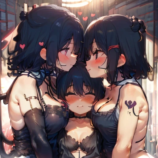 Details、ultra-detailliert、masterpiece、top-quality、Beautiful fece、A detailed eye、 (3 women:1.4)、Three Succubus(symmetrical succubus wings)、(triplets:1.2)、(Night time)、、(bow ribbon:1.1)、(Two-side-up)neck tie、bra very、耳环、()、Shady face、(dark backgrounds)、malicious smile、Bruises and ugly facial features、Young features、(、long-sleeve、(fluffy sleeves fluffy hair、(Open your mouth and laugh)、、l、Chiquita、Colossal tits、Colossal tits、(Put your hand on your face)、、Ruffled uniforms、hair clips、(Ridicule:1.1)、looking-down、Angle from behind、respected by women、(upward looking gaze:1.2)、超Colossal tits、(hearts symbol:1.5)、(Mass of heart:1.5)、(Heart Effect:1.5)、(heart mark:1.5)、demon tail、Devil's Tail、Succubus、(超Colossal tits:1.3)、Colossal tits、(Tattoo of the heart:1.3)、Yodare、Devil's Tail、Boob Matching ,Girl Sandwich face sandwich(confused and blushing、Small Girl、kawaii facepose your ahegao) Bury your face in cleavage top and bottom sandwich Sullen expression Women's bed I'm lying down Complete capture by turning your hands behind your back Rich kiss