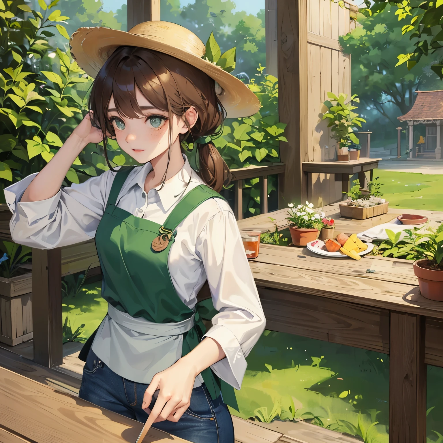 wearing a green apron over a white shirt、1 girl in、high-level image quality、a straw fedora hat、brown haired、green colored eyes、Wear jeans、shorth hair、hitornfreckles、parting bangs、Center division、tying  hair、darkened room、A detailed face、Parting the bangs in the middle