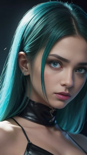 Close up de uma garota,( pele acizentada, pele cinza claro, olhos grandes, heterocromia, um olho verde esmeralda, um olho azul turquesa, cabelo vermelho claro, mid hair, mostrar o busto, pele perfeita, rosto perfeito, vengeful expression.). She is known as Vendetta, (Vendetta is your name), genetically created to be a secret agent, resolveu rebelar-se, and lives to hunt its creators.