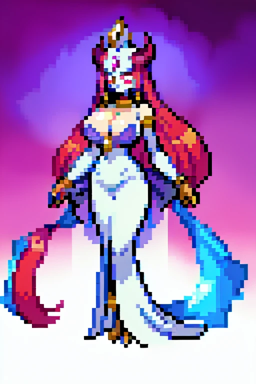 creates a beautiful woman, detailed face, a demon queen with big breasts, she wears a purple evening dress, her hair is without any hairstyle, long red hair, wide hips, she wears a necklace with the sonic team logo, horns demon