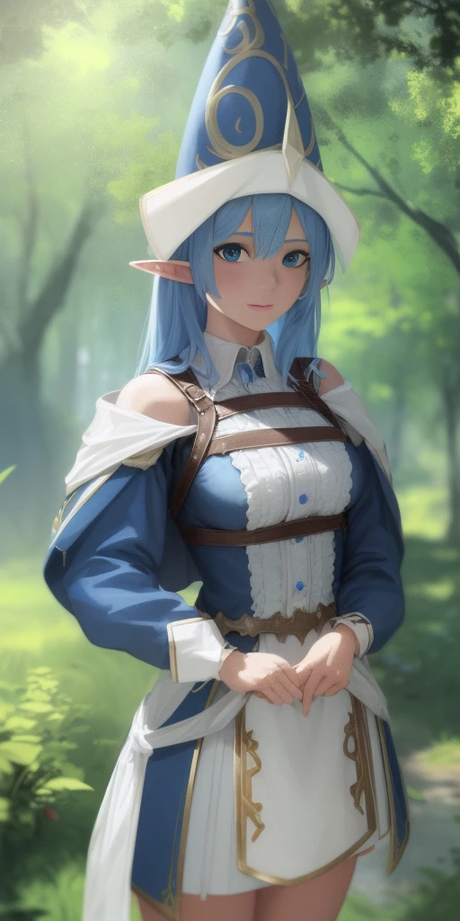 1girl, blue hair, blue eyes, elf ears, wizard hat, white dress, cowboy shot, outdoors, landscape, quality, masterprice, (solo:1.1), raytracing, ultra detailed,detailed face, 8k wallpaper, quality, masterprice, 1girl, (solo:1.1), raytracing, ultra detailed,detailed face, 8k wallpaper,