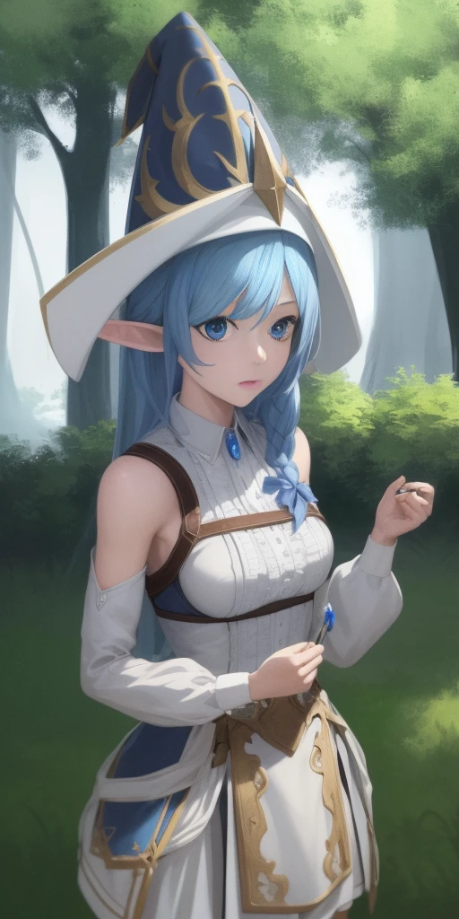 1girl, blue hair, blue eyes, elf ears, wizard hat, white dress, cowboy shot, outdoors, landscape, quality, masterprice, (solo:1.1), raytracing, ultra detailed,detailed face, 8k wallpaper, quality, masterprice, 1girl, (solo:1.1), raytracing, ultra detailed,detailed face, 8k wallpaper,